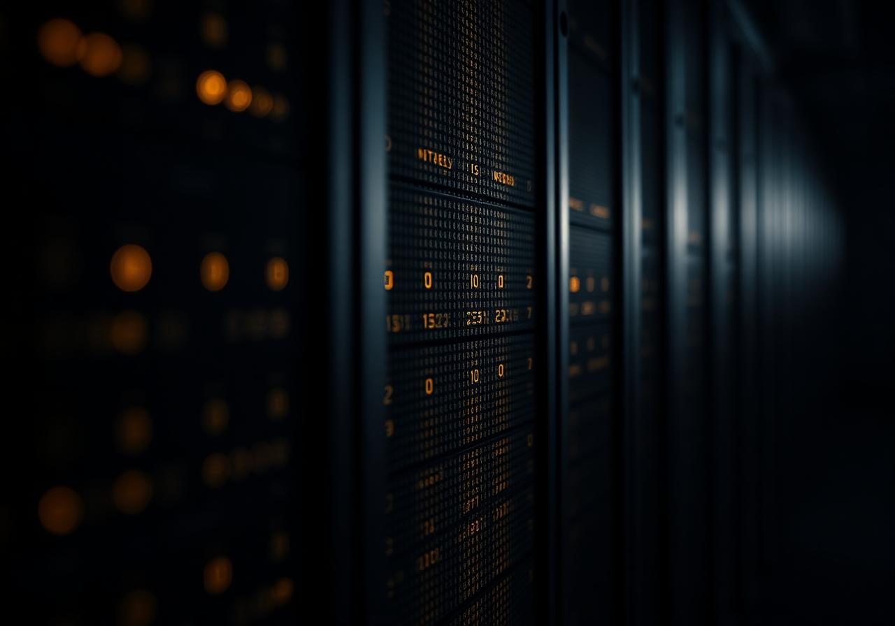 Server rack glowing with subtle gold encrypted data