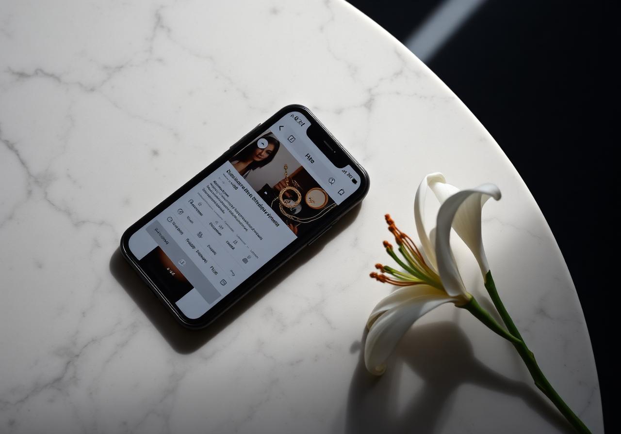 Marble surface with smartphone and lily, editorial still life