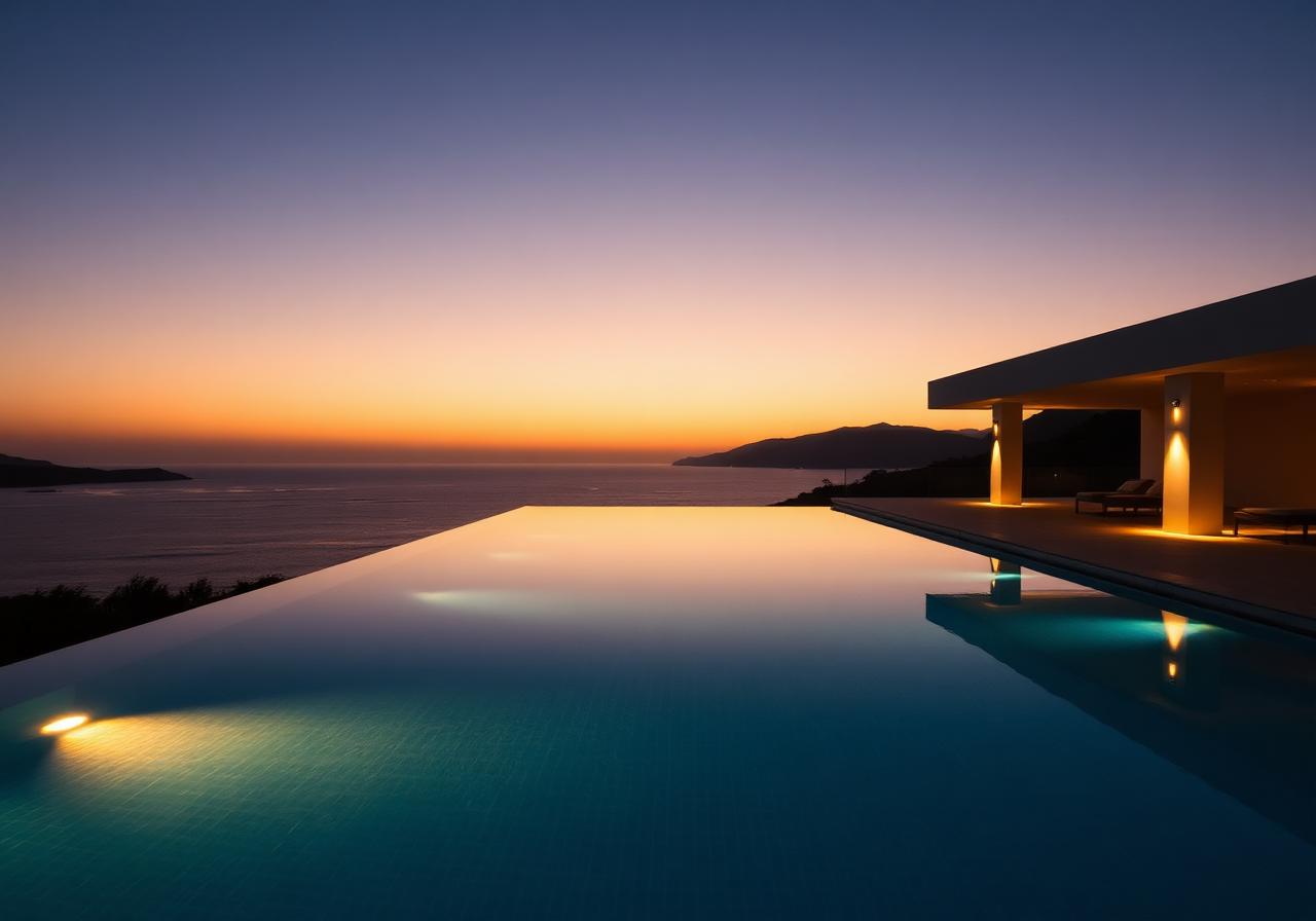 Luxury villa infinity pool at twilight