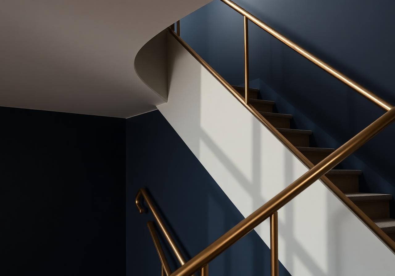 Architectural staircase with brass railings and navy walls