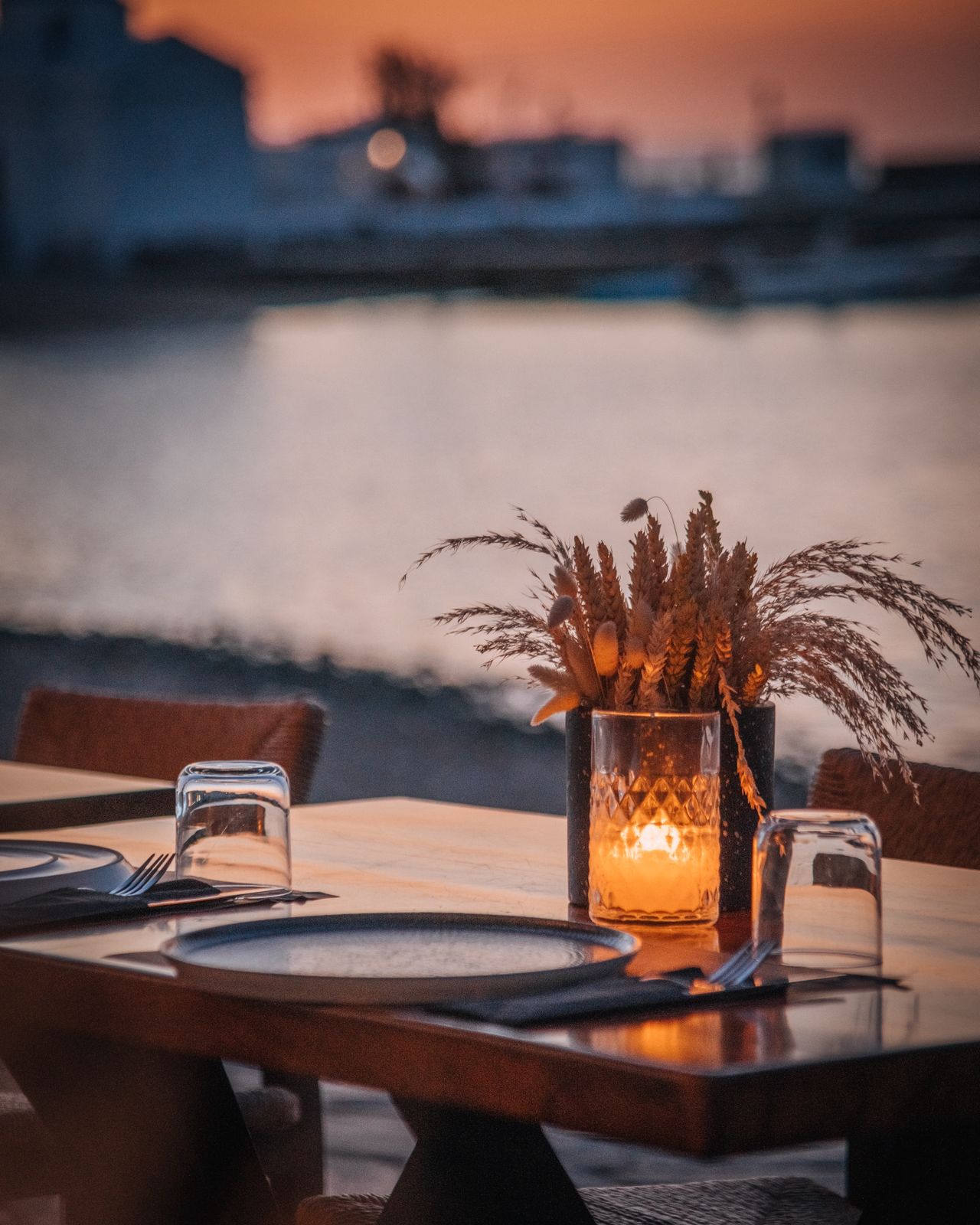 Sunset table setting, Mykonos port
